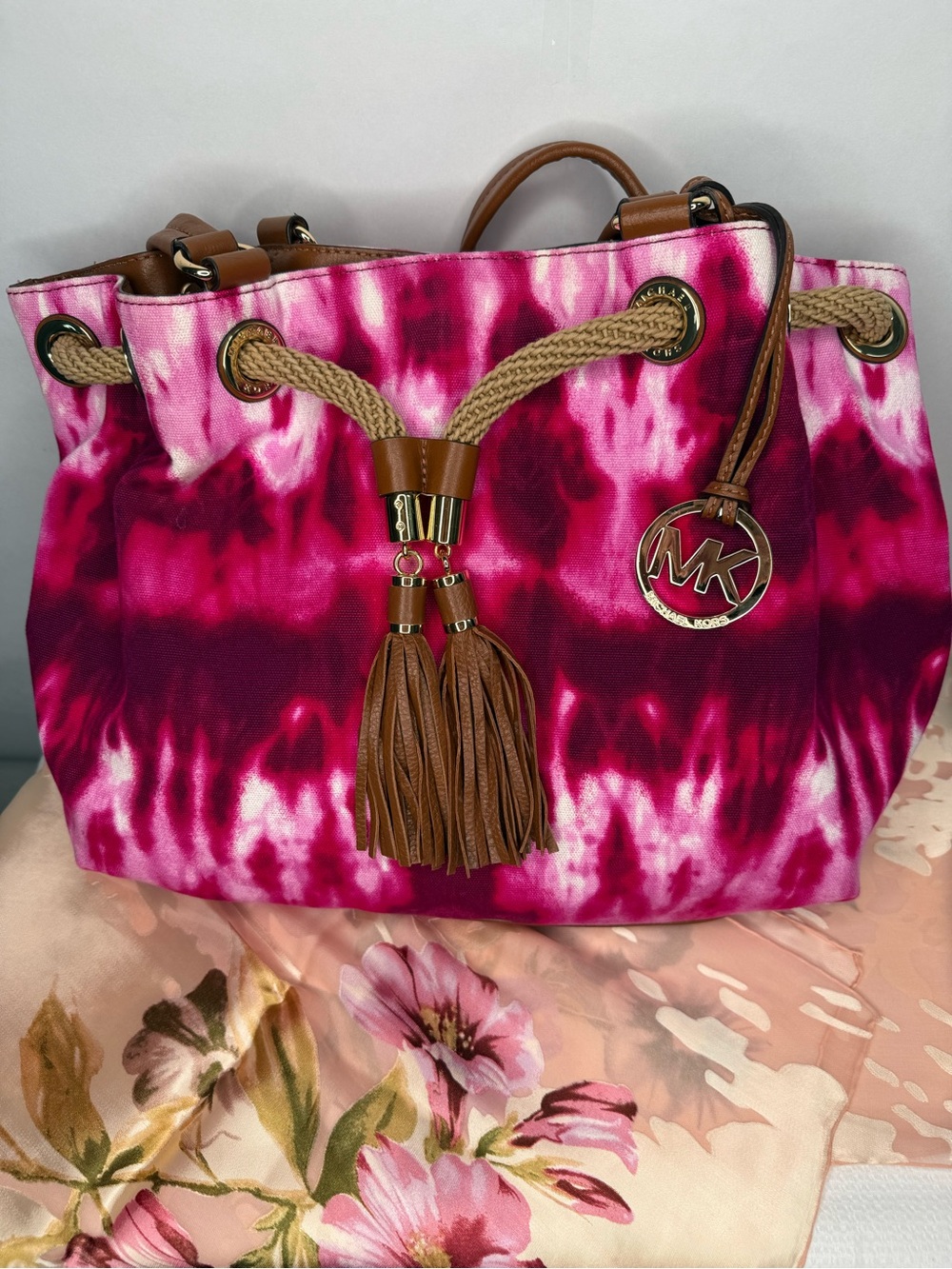 Michael Kors Hot Pink Tie-Dye Tote with Tan Leather Accents - Picture 5 of 8